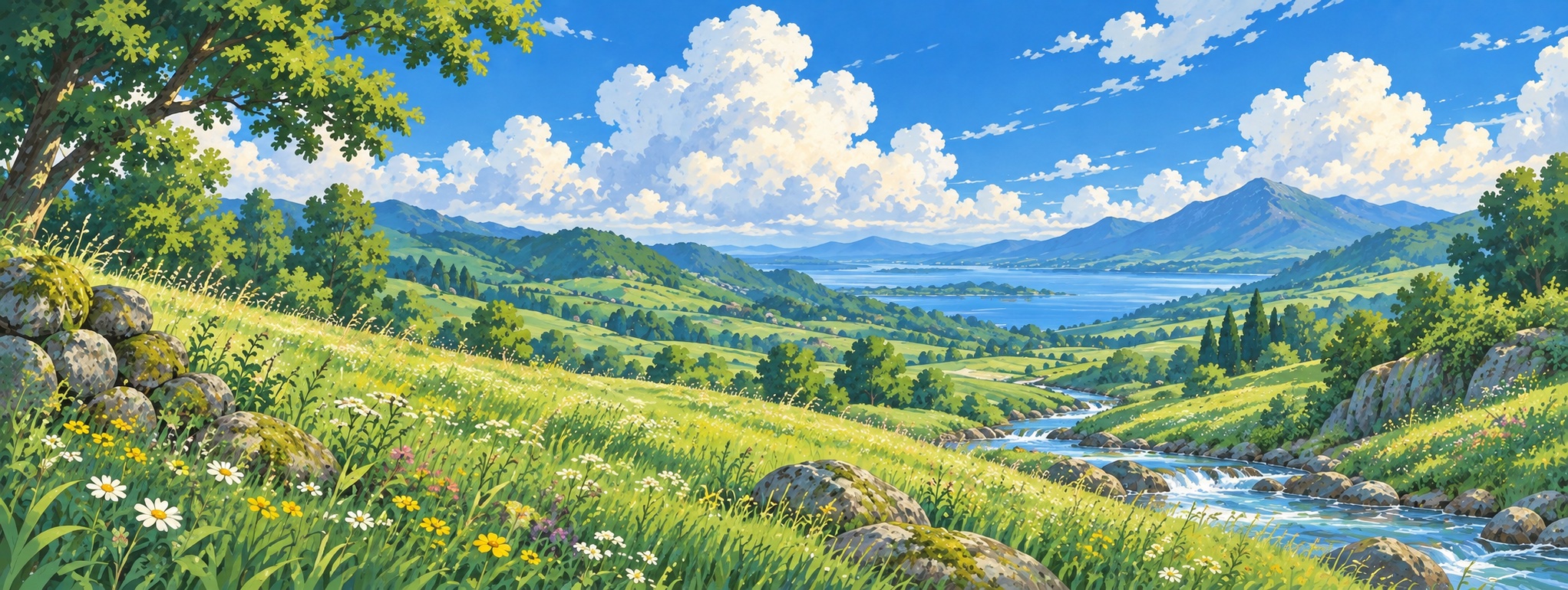 A hand-painted sunlit meadow with wildflowers, rolling green hills, a winding stream and billowing summer clouds.